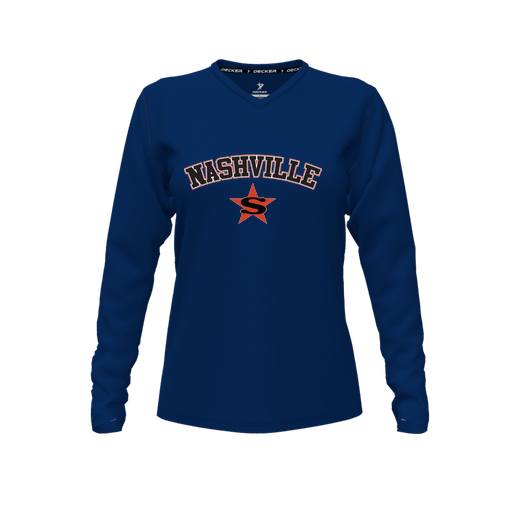 [FTLVPTNV-FYXS-LOGO3] Decker Performance T-Shirt (Female Youth XS, Navy, V Neck, Logo 3, Long Sleeve)