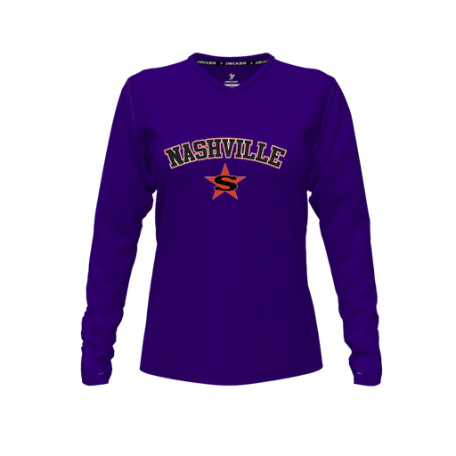 [FTLVPTPP-FYXS-LOGO3] Decker Performance T-Shirt (Female Youth XS, Purple, V Neck, Logo 3, Long Sleeve)